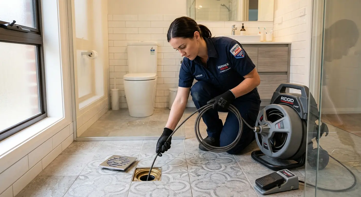 Technician clearing a bathroom floor drain for Sewer Line Replacement in El Dorado